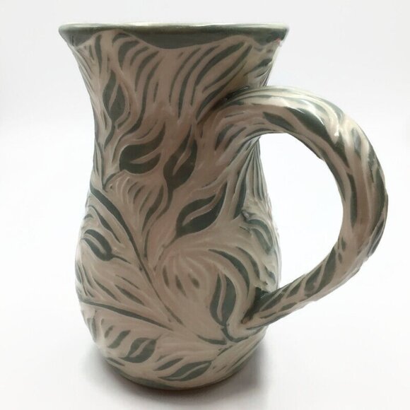 6" Pottery Pitcher Signed Paula Barry Studio Green White Creamer Leaf Design - Picture 2 of 9